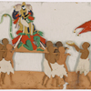 Festival procession, Hanuman/green monkey god figure on litter, with 8 bearers, and 2 others leading, making offerings