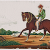 Hunting scene, rider on horse with white dog charging boar