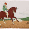 Hunting scene, rider on horse with white dog charging boar