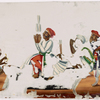 Male dancer in white costume, with 5 male onlookers