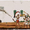 Musical procession of 3 men with instruments, leading towards large white temple on a hill