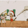 Musical procession of 3 men with instruments, leading towards large white temple on a hill