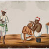 Barber shaving a man's head bald, one onlooker, white building in the background
