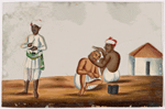 Barber shaving a man's head bald, one onlooker, white building in the background