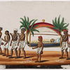 Funereal procession, red palanquin with reclining figure, 6 bearers and 3 attendants