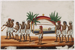 Funereal procession, red palanquin with reclining figure, 6 bearers and 3 attendants