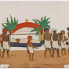 Funereal procession, red palanquin with reclining figure, 6 bearers and 3 attendants
