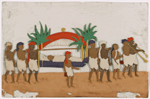 Funereal procession, red palanquin with reclining figure, 6 bearers and 3 attendants