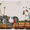 Man carrying bundle, and pack donkeys