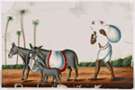 Man carrying bundle, and pack donkeys