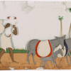 Man carrying bundle, and pack donkeys