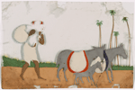 Man carrying bundle, and pack donkeys