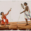 Two women spinning white threads
