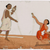 Two women spinning white threads