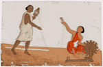 Two women spinning white threads