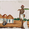 Man and seated woman in front of three small buildings