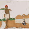 Man and seated woman in front of three small buildings