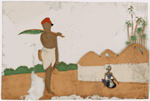 Man and seated woman in front of three small buildings