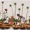 3 toddy gatherers(?) and 1 woman drinking and resting in front of small building