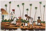 3 toddy gatherers(?) and 1 woman drinking and resting in front of small building