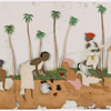 3 toddy gatherers(?) and 1 woman drinking and resting in front of small building