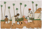 3 toddy gatherers(?) and 1 woman drinking and resting in front of small building