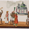 Festival procession, 4 carrying white temple on litter, and 2 musicians