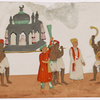 Festival procession, 4 carrying white temple on litter, and 2 musicians