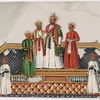 4 aristocrats and 2 servants, standing on dais with ornate rugs
