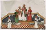 4 aristocrats and 2 servants, standing on dais with ornate rugs