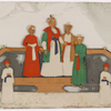 4 aristocrats and 2 servants, standing on dais with ornate rugs