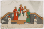 4 aristocrats and 2 servants, standing on dais with ornate rugs