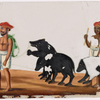 Two men leading 3 black bears
