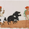 Two men leading 3 black bears