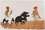 Two men leading 3 black bears