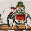 Man in white robe leading elephant with mahouts, green howdah, and 2 passengers