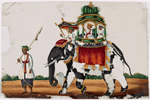 Man in white robe leading elephant with mahouts, green howdah, and 2 passengers