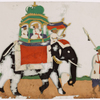 Man in white robe leading elephant with mahouts, green howdah, and 2 passengers