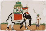 Man in white robe leading elephant with mahouts, green howdah, and 2 passengers