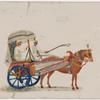 Horse-drawn two-wheeled carriage with blue wheels