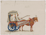 Horse-drawn two-wheeled carriage with blue wheels