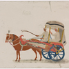 Horse-drawn two-wheeled carriage with blue wheels