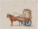 Horse-drawn two-wheeled carriage with blue wheels