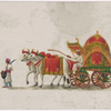 Oxen-drawn green and pink carriage with female passenger, driver and servant