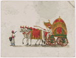 Oxen-drawn green and pink carriage with female passenger, driver and servant