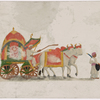 Oxen-drawn green and pink carriage with female passenger, driver and servant