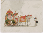 Oxen-drawn green and pink carriage with female passenger, driver and servant