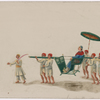 Open litter with male passenger, umbrella, four bearers, and two attendants