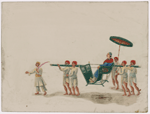 Open litter with male passenger, umbrella, four bearers, and two attendants