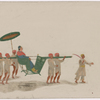Open litter with male passenger, umbrella, four bearers, and two attendants